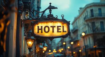 A sign for a hotel is lit up in the night. The sign is on a building with a lot of lights photo