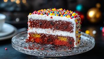 A slice of red velvet cake with white frosting and colorful sprinkles on top. The cake is cut in half and placed on a glass plate photo