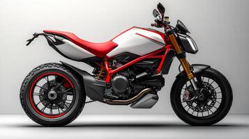 A red and white motorcycle is parked on a white wall. The motorcycle is a Ducati, and it is a very sleek and modern design. The motorcycle is parked in a way that it looks like it is ready to go photo