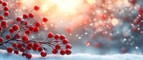 A red branch with snow on it. The snow is falling and the branch is covered in snow photo