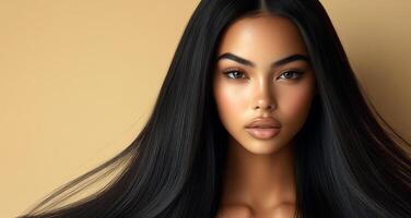 A woman with long, curly hair is standing in front of a tan background. She has a serious expression on her face photo