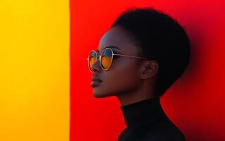 A woman with sunglasses on her face is standing in front of a red wall. The image has a bold and confident mood, as the woman is wearing sunglasses and standing tall. The red wall adds a pop of color photo