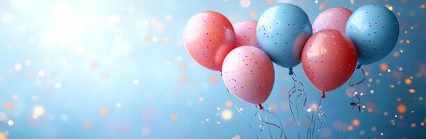 A bunch of balloons with pink and blue colors are floating in the air. The balloons are scattered all over the image, creating a festive and celebratory atmosphere photo
