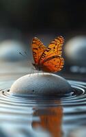 A butterfly is sitting on a rock in a pond. Concept of tranquility and peace, as the butterfly is surrounded by the calm waters and the natural beauty of the pond photo