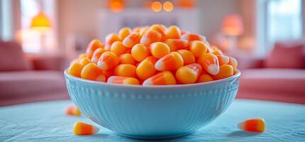 A bowl filled with colorful candy corn on a table for Halloween. A vibrant bowl overflowing with candy corn sits on a rustic table, perfect for autumn festivities and Halloween celebrations. photo