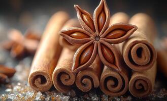 A close up of cinnamon sticks with a star shaped spice on top. The cinnamon sticks are arranged in a spiral pattern photo