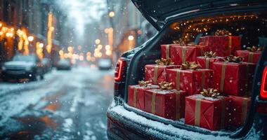 A car is filled with many red boxes, likely containing Christmas presents. The scene takes place on a snowy street, with lights in the background. Scene is festive and joyful photo