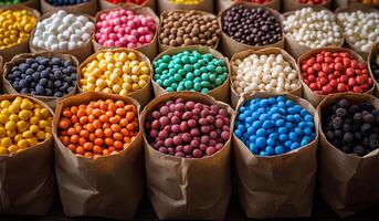 A bag of colorful candies is displayed in a row. The candies are of different colors and sizes, and they are arranged in a way that makes them look like a colorful pile. Concept of fun and excitement photo