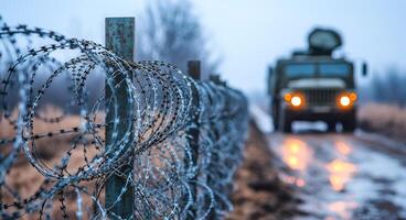 A military vehicle is driving down a road next to a barbed wire fence. The fence is surrounded by a field of tall grass photo