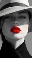 A woman with red lipstick and a hat is the main subject of the image. The woman is wearing a black hat and a black coat, and she is posing for the camera. The image has a black and white color scheme photo