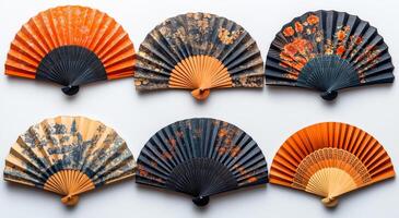 A row of six fans with different designs and colors. The fans are arranged in a row and are of various sizes. The fans are made of paper and have a unique design on them photo
