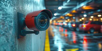 A red security camera is mounted on a wall in a parking garage. The camera is facing the street, capturing the cars and the lights from the parking garage. Concept of security and surveillance photo