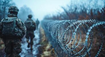 A group of soldiers are walking through a forest with barbed wire in the background. Scene is tense and serious, as the soldiers are on a mission and must be cautious of their surroundings photo