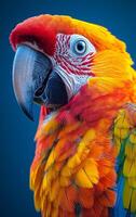 A colorful parrot with a red beak and yellow feathers. The bird is looking directly at the camera photo