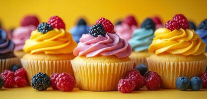 A row of colorful cupcakes with raspberries and blueberries on top. The cupcakes are arranged in a row, with the first one on the left, the second one in the middle, and the third one on the right photo
