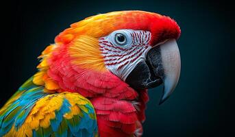 A colorful parrot with a black beak and red and yellow feathers. The bird is looking directly at the camera photo