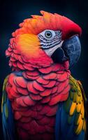 A colorful parrot with a red and yellow head and green and yellow feathers. The bird is looking directly at the camera photo