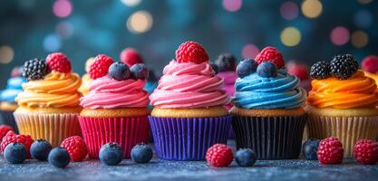 A row of colorful cupcakes with raspberries and blueberries on top. The cupcakes are arranged in a row, with the pink one on the left, the blue one in the middle, and the orange one on the right photo