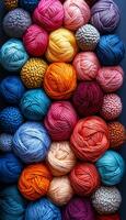 A bunch of colorful yarn balls are piled up on a table. The colors are bright and vibrant, creating a cheerful and lively atmosphere. The arrangement of the balls suggests a playful photo
