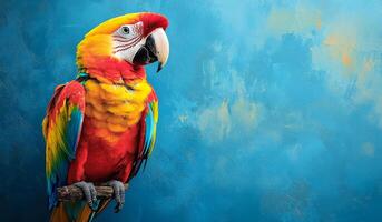 A colorful parrot is perched on a branch. The bird is bright and lively, with its feathers in a variety of colors. The blue background adds a sense of calm and serenity to the scene photo