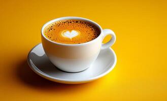 A white coffee cup with a heart drawn on the foam sits on a yellow table. Concept of warmth and comfort, as the heart shape photo