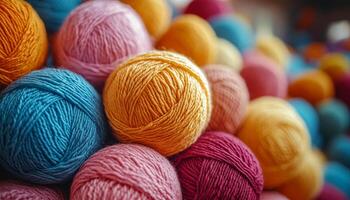 A pile of colorful yarn balls. The colors are blue, pink, yellow, and orange. The balls are piled on top of each other, creating a vibrant and cheerful scene photo