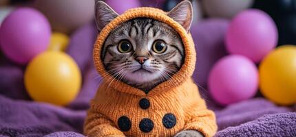 A cat wearing an orange sweater is sitting on a bed. The cat is looking at the camera with a curious expression. The room is decorated with balloons, creating a festive atmosphere photo