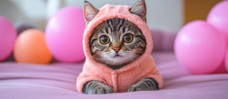 A cat wearing a pink jacket is sitting on a bed. The cat is looking at the camera with a curious expression. The pink bedspread and the pink balloons in the background create a playful photo