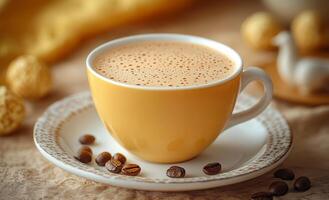 A cup of coffee with a white saucer and a few coffee beans on top. The coffee is hot and steaming photo