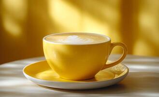 A yellow coffee cup with a white handle sits on a white plate. The cup is filled with coffee and has a white foam design on top. Concept of warmth and comfort, as the cup photo
