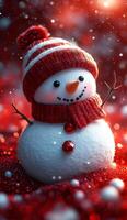A snowman with a red hat and scarf is sitting on a red background. The snowman has a happy expression on its face photo