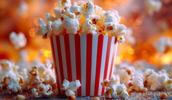 A red and white popcorn bucket filled with popcorn. The popcorn is scattered around the bucket, creating a fun and playful atmosphere photo