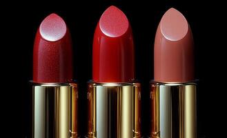 Three red lipsticks are displayed side by side. The lipsticks are all different shades of red, with one being a darker shade than the other two. The lipsticks are arranged in a row photo