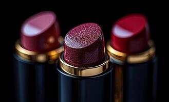 Three red lipsticks with gold accents. The lipsticks are placed on a black background. The lipsticks are shiny and sparkly, giving off a glamorous and luxurious vibe photo
