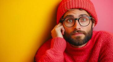 A man wearing a red hat and glasses is leaning against a yellow wall. He is deep in thought photo