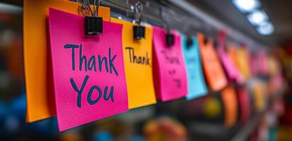 A row of colorful sticky notes with the word thank written on them. The notes are hanging from a hook or a string, and they are all different colors. Scene is positive and uplifting photo