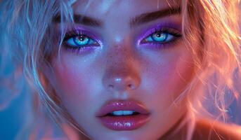 A woman with blue eyes and purple eyeshadow. She has a pink lip and a smile on her face photo