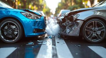 Two cars are in a collision on a street. One car is blue and the other is white photo