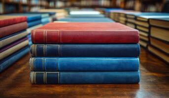 A stack of books with the top book being blue and the bottom book being red. The books are piled on top of each other photo