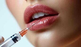 A woman is getting a shot in her lip. The shot is being administered by a syringe photo
