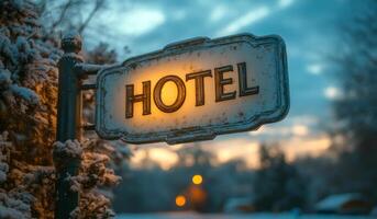 A sign that says HOTEL is lit up in the snow. The sign is surrounded by trees and the sky is blue. Scene is peaceful and serene, as the snow-covered landscape creates a calm atmosphere photo
