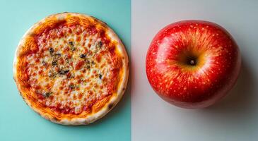 A pizza and an apple are shown side by side. The pizza is covered in cheese and has a crust, while the apple is red and shiny. Concept of contrast between the two foods photo
