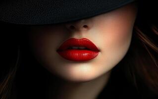 A woman with a bold red lipstick and a black hat is the main focus of the image. The hat is positioned above her nose, creating a dramatic and stylish look photo