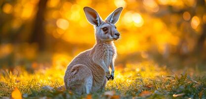 A small kangaroo is sitting in the grass, looking at the camera. The scene is peaceful and serene, with the sun shining brightly in the background photo