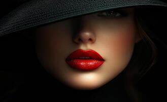 A woman with a red lipstick and a black hat is the main focus of the image. The hat is positioned above her face, covering her eyes and creating a mysterious and alluring look photo