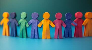 A group of people are holding hands in a circle. The people are of different colors and sizes. Concept of unity and togetherness photo