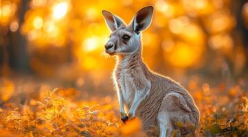 A kangaroo is sitting in the grass with its head down. The scene is set in a field with a lot of yellow leaves on the ground. The kangaroo appears to be looking at something in the distance photo