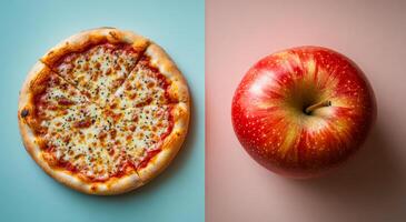 A slice of pizza and an apple are shown side by side. The pizza is covered in cheese and pepperoni, while the apple is red and shiny. Concept of contrast between the two foods photo