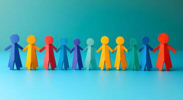 A group of people are holding hands in a row. The people are of different colors and sizes. Concept of unity and togetherness photo