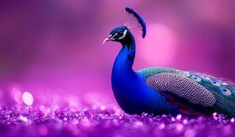 A blue peacock is standing on a purple background. The peacock is the main focus of the image, and the purple background adds a sense of depth and contrast to the scene. Concept of calm and serenity photo